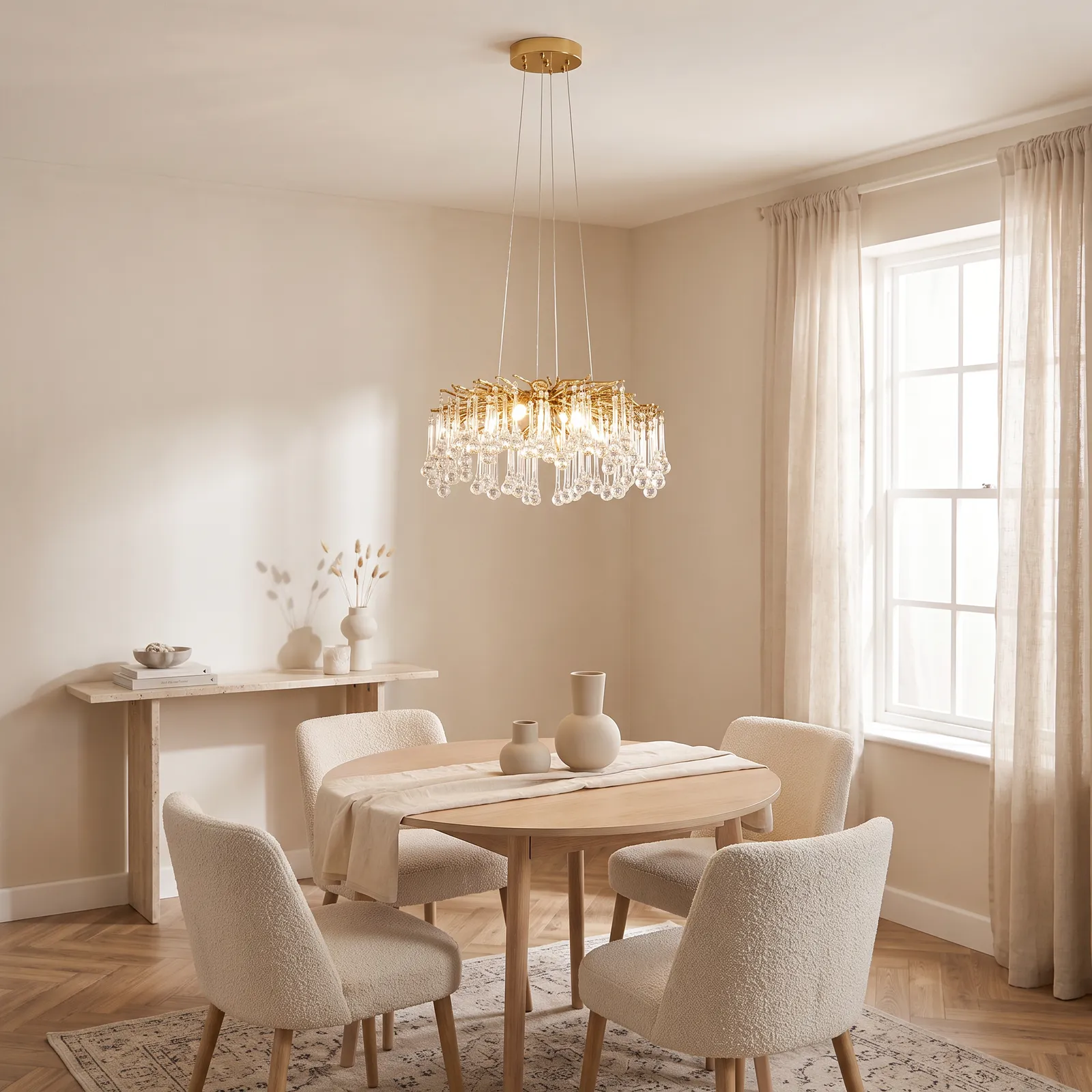 Candelabro colgante ramas con gotas de cristal, Dorado (40*45*Regula 100cm) (6 focos G9 no incluidos)