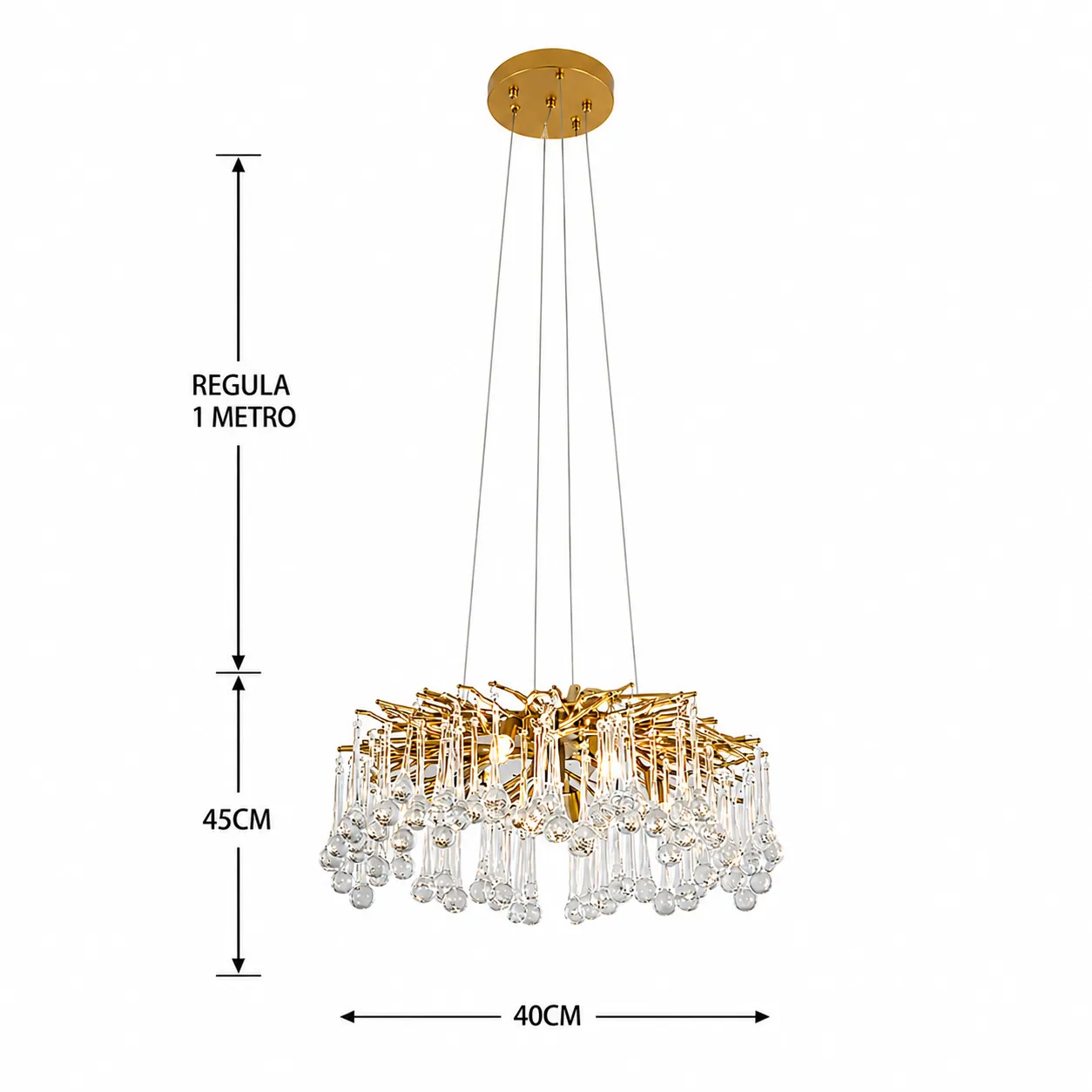 Candelabro colgante ramas con gotas de cristal, Dorado (40*45*Regula 100cm) (6 focos G9 no incluidos)
